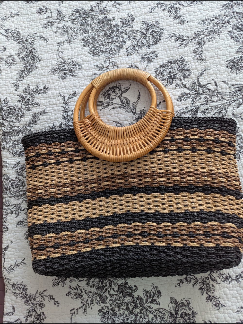 Woven Straw Tote with Round Rattan Handles - Black & Tan